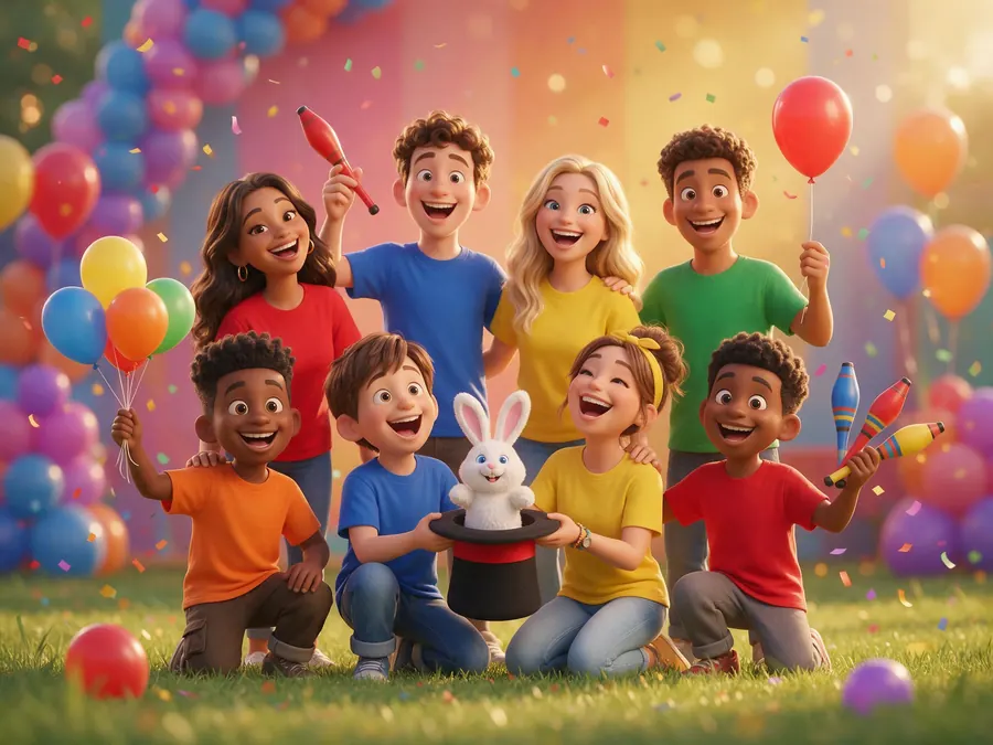 Equipo de animadores de Aeiou con globos, un sombrero de mago y una marioneta